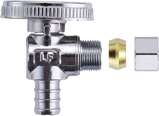 2 Pack Premium Lead-Free Brass 1/2 Inch Pex X 3/8 Inch OD Compression Quarter Turn Angle Stop Valve with 2 PCS PEX Clamp Ring